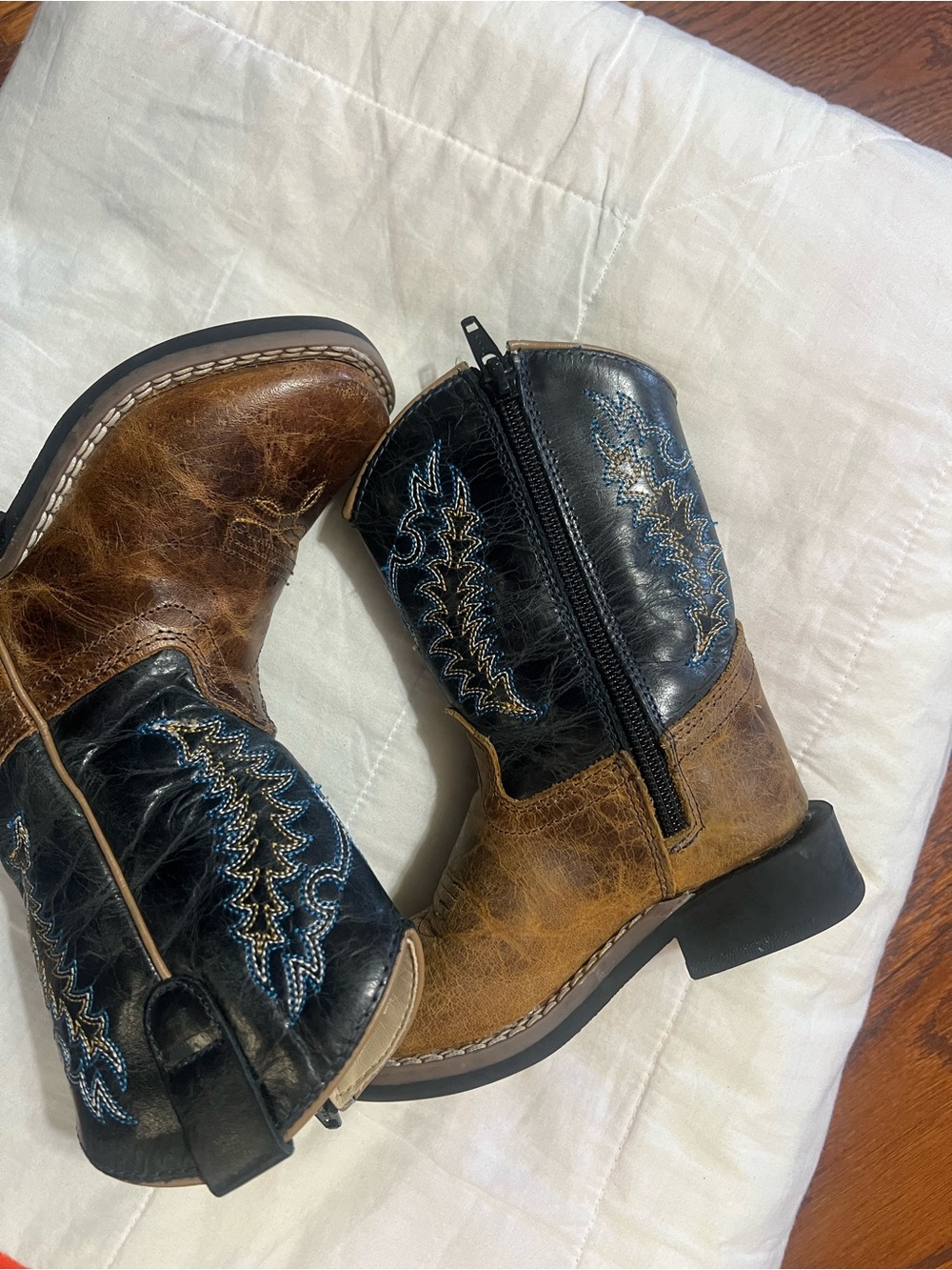 Old West Brown and Black Kids Cowboy Boots with Blue Stitching